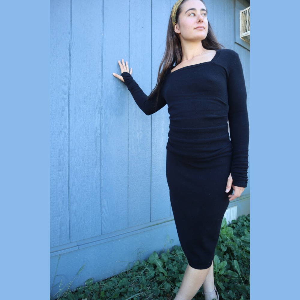 L Black Cashmere Sweater Dress Long Sleeves, Womens Knit Midi Winter Dress NWT - Picture 9 of 12